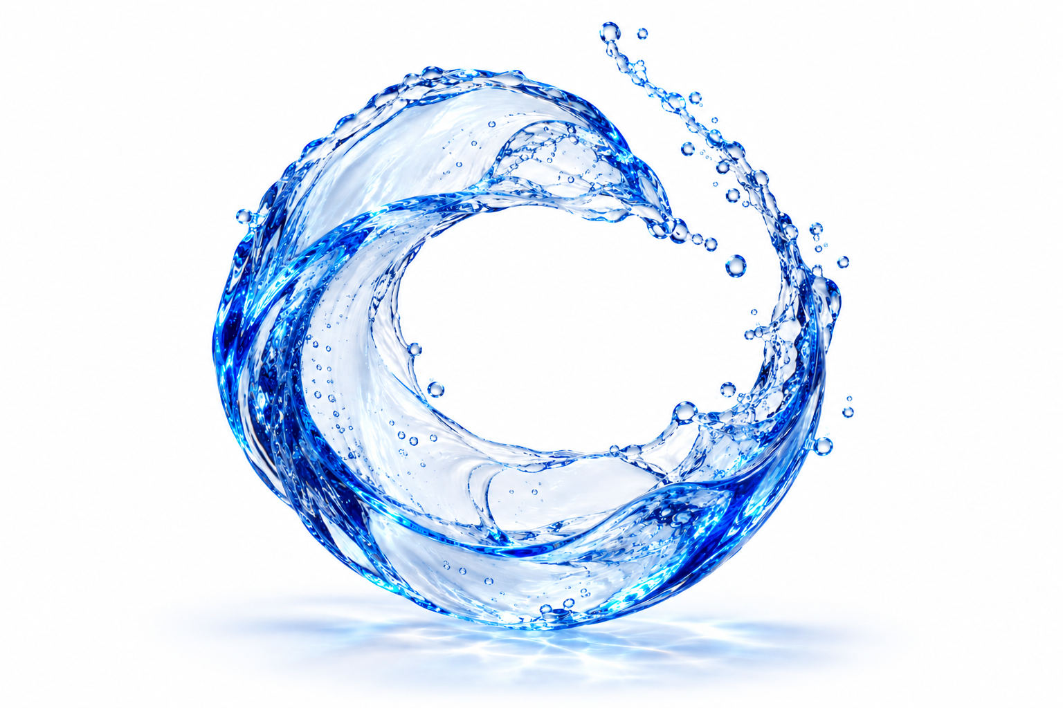 Un vortice aperto di acqua trasparente, con riflessi blu cobalto, prende forma nello spazio