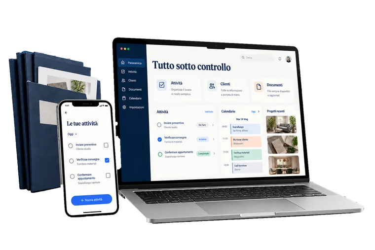 Esempio di gestionale su portatile e cellulare con attività, documenti e calendario condiviso