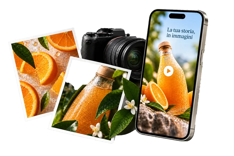 Esempio di contenuti social: fotografie di un prodotto agli agrumi, fotocamera e video verticale su telefono