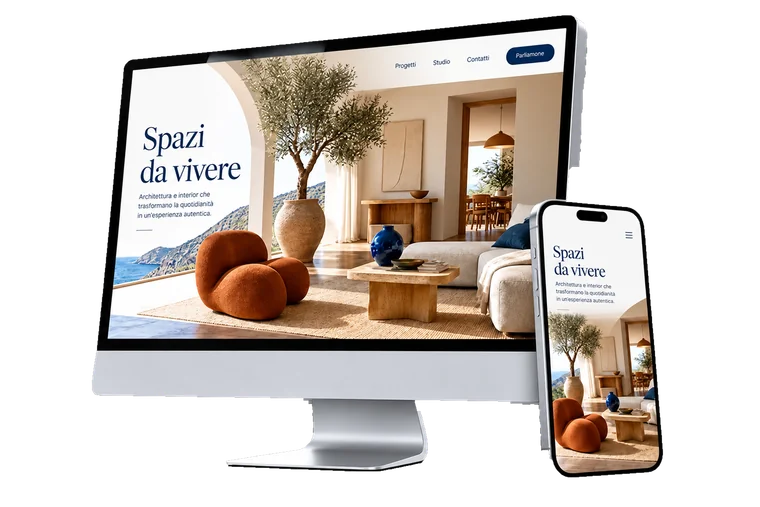 Esempio di sito per uno studio di architettura su computer e telefono, con fotografie di interni mediterranei