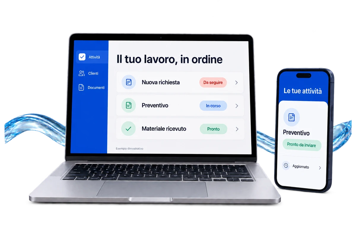 Esempio di gestionale su computer e telefono: richieste da seguire, preventivi in corso e documenti pronti, con accesso alle attività anche da mobile.